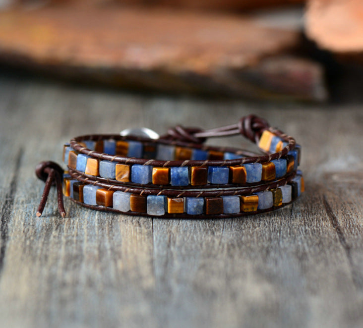 Natural Jasper Semi-Precious Stone Two Layer Leather Bracelet