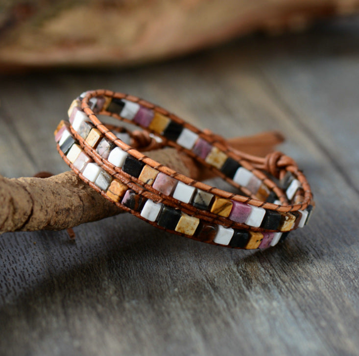 Natural Jasper Semi-Precious Stone Two Layer Leather Bracelet